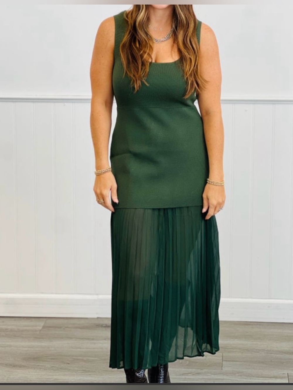 Galita Size Large Green Pleated Chiffon Scoop Neck Layered Maxi Dress NWOT